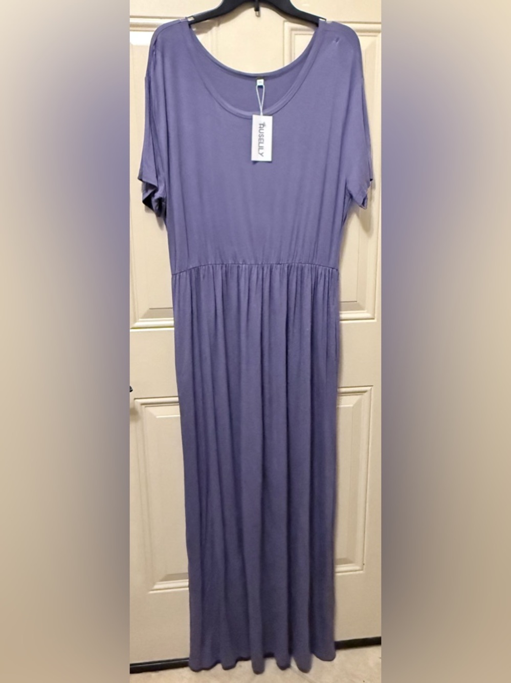 Auselily Purple Scoop Neck Pullover Short Sleeved Maxi Dress Elastic Waist 3XL